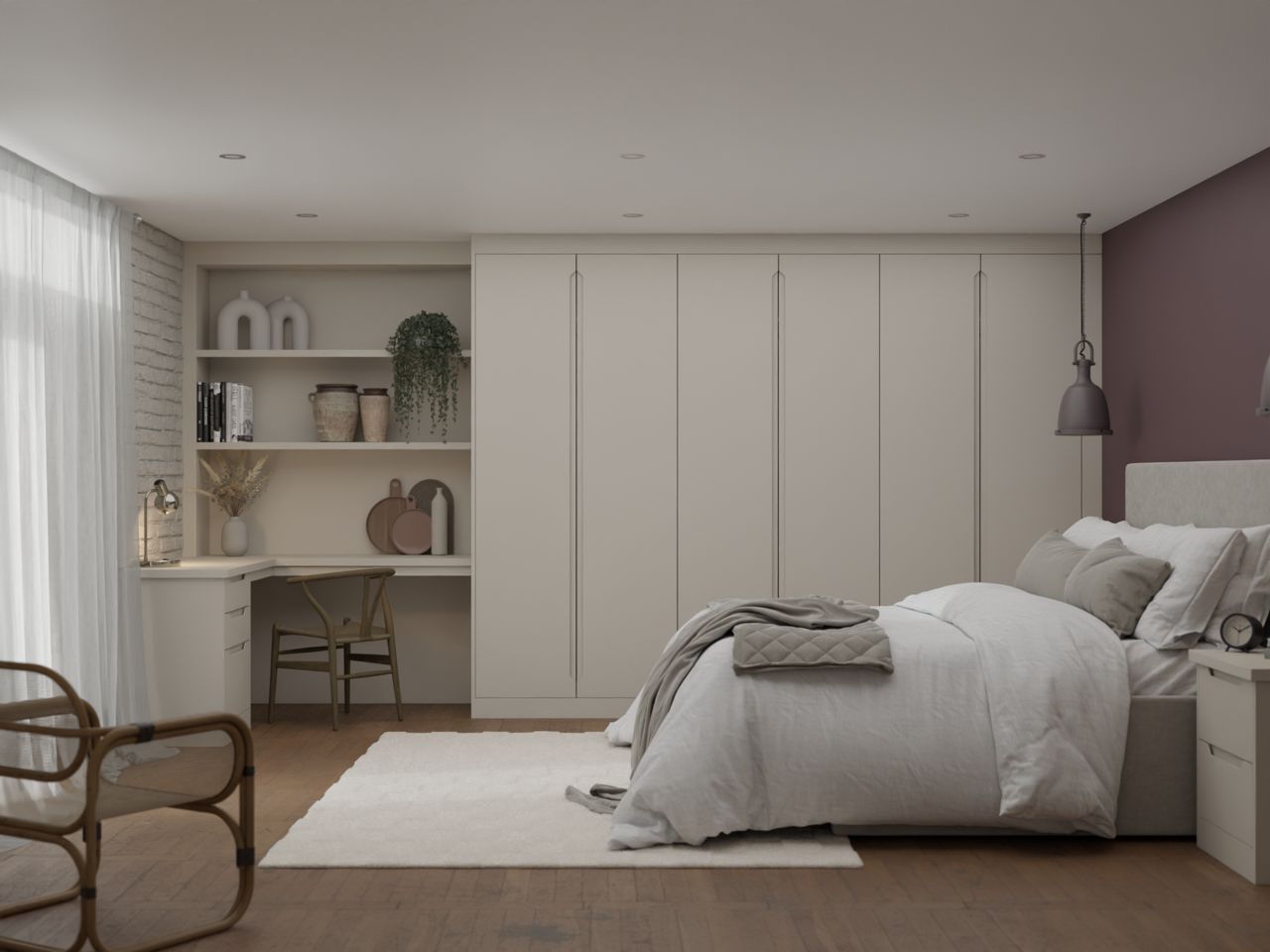 Minimal cream fitted wardrobes with built-in desk and shelving