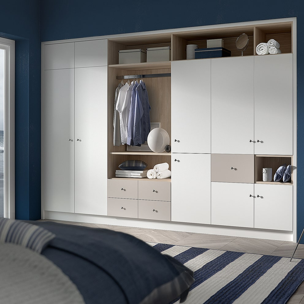 Contemporary white fitted wardrobe with open shirt hanging bay