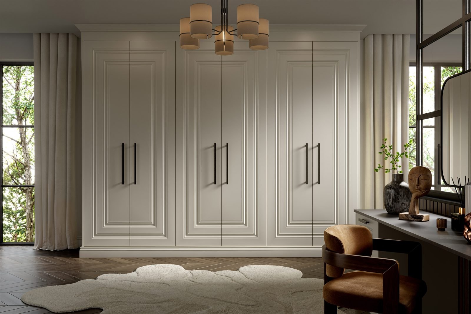 Cream framed fitted wardrobes in an elegant dressing room